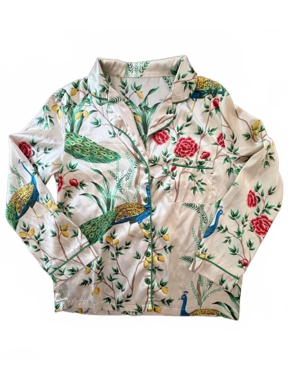 Two Piece Pajama Set Peacock Floral Lemon Print Satin Feel Elevated Sleepwear M